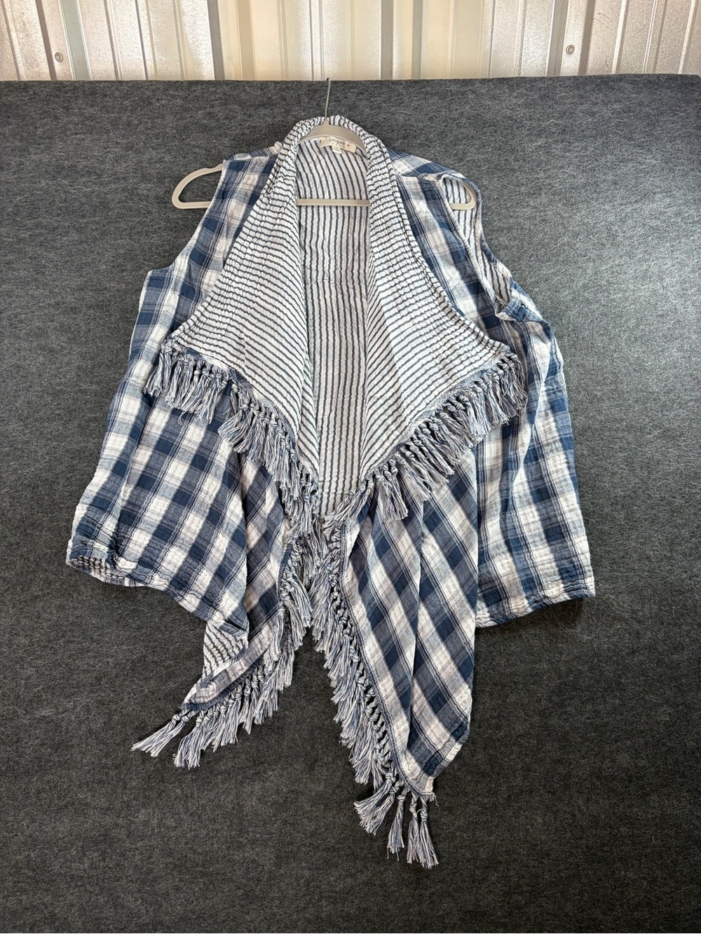 Umgee + 1XL Blue and White Plaid Fringe Open Front Vest Duster Cardigan